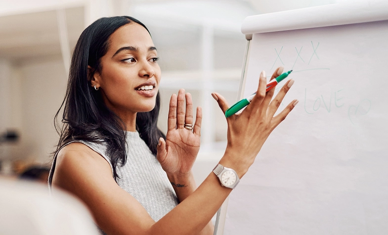 Business women sharing ideas on the board